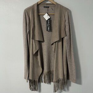 Dolce Cabo Tan Angora Microsuede Fringe Classic Waterfall Cardigan Sweater M NWT